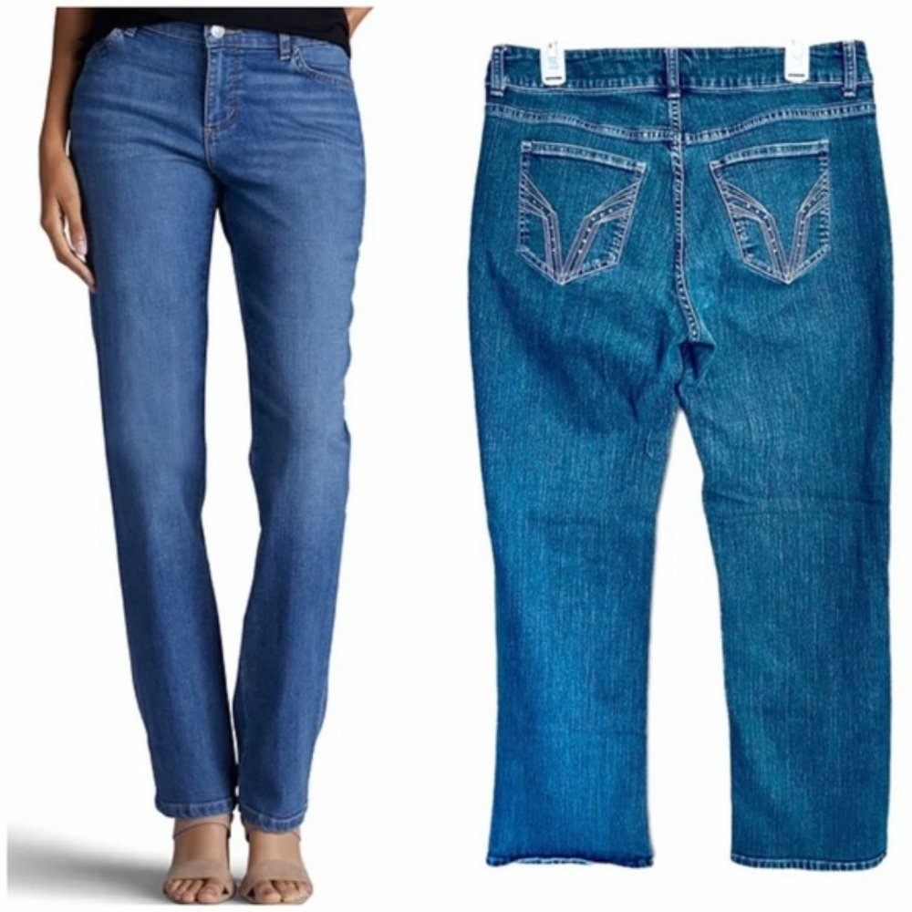 Reserve by Lee Dark Wash Mid Rise Straight Leg Jeans Embroidered Pockets 16P
